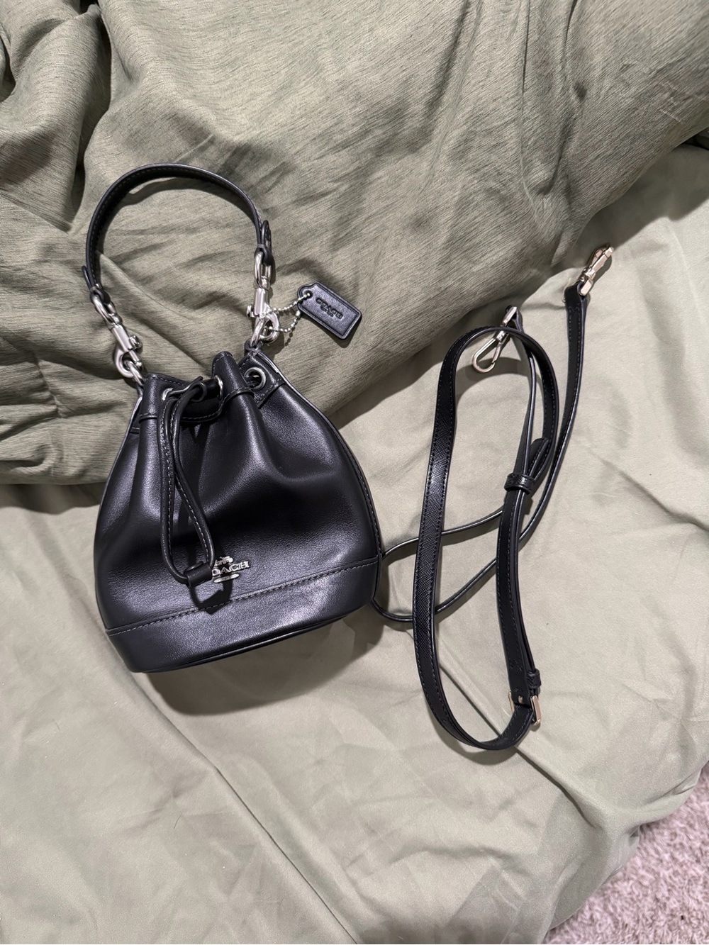 Coach Black Leather Mini Drawstring Bucket Bag